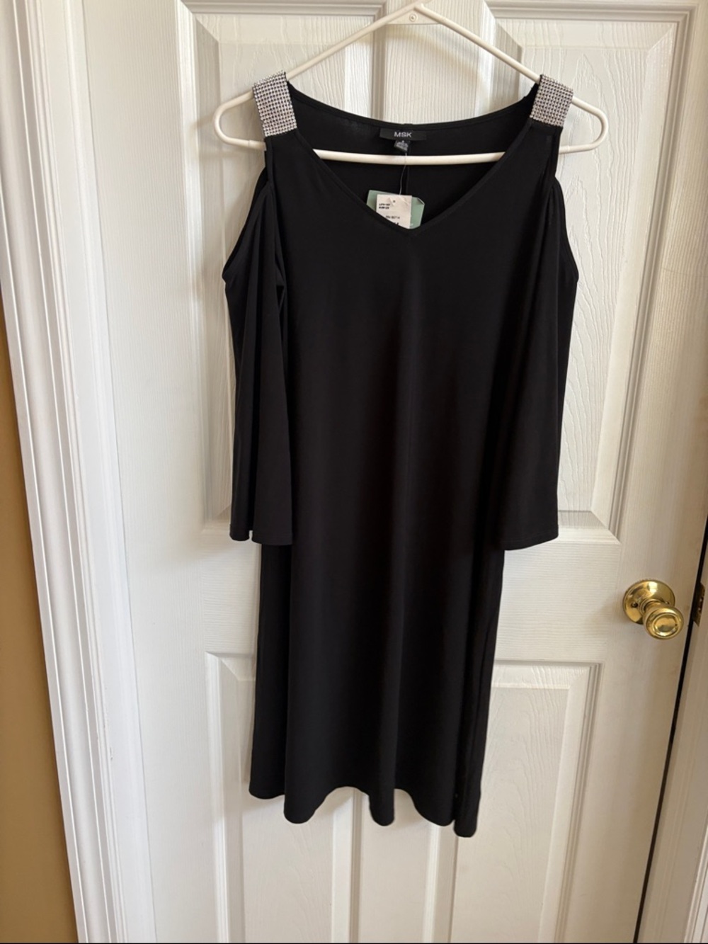 MSK Black Cold-Shoulder Midi Dress with Rhinestone Straps